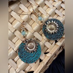 Gold Sunflower Teal Drop Earrings - Women Jewelry